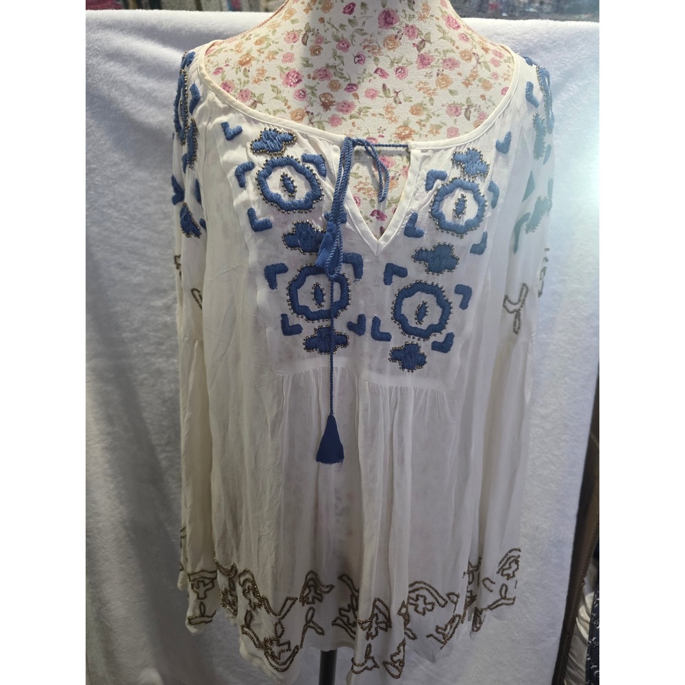 Boho Embroidered Beaded Bell Sleeve Tassel Peasant Blouse Romantic Cottagecore - Picture 2 of 9